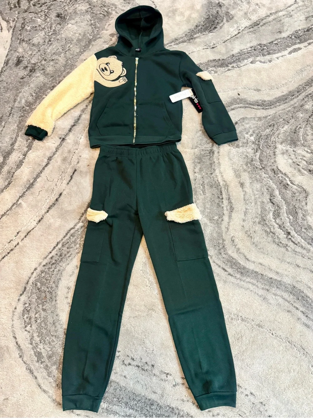 Kids Forest Green Sherpa-Trim Hoodie & Jogger Set